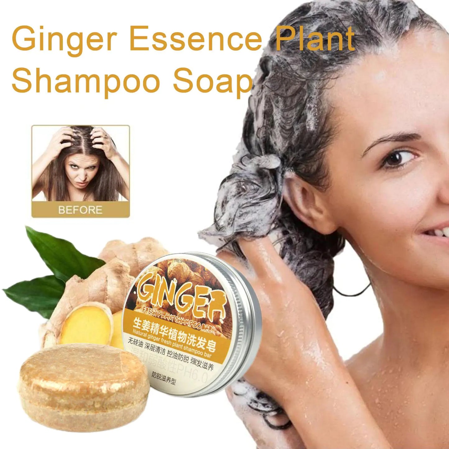 A woman lathering her hair with ginger Hair Growth Shampoo Bar soap