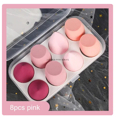 Set of 8 pink makeup sponges for flawless blending and application of foundation and concealer, designed for all areas of the face