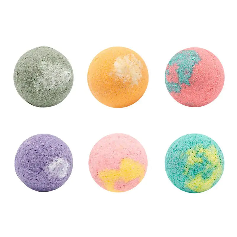 six multi-colored bath bombs