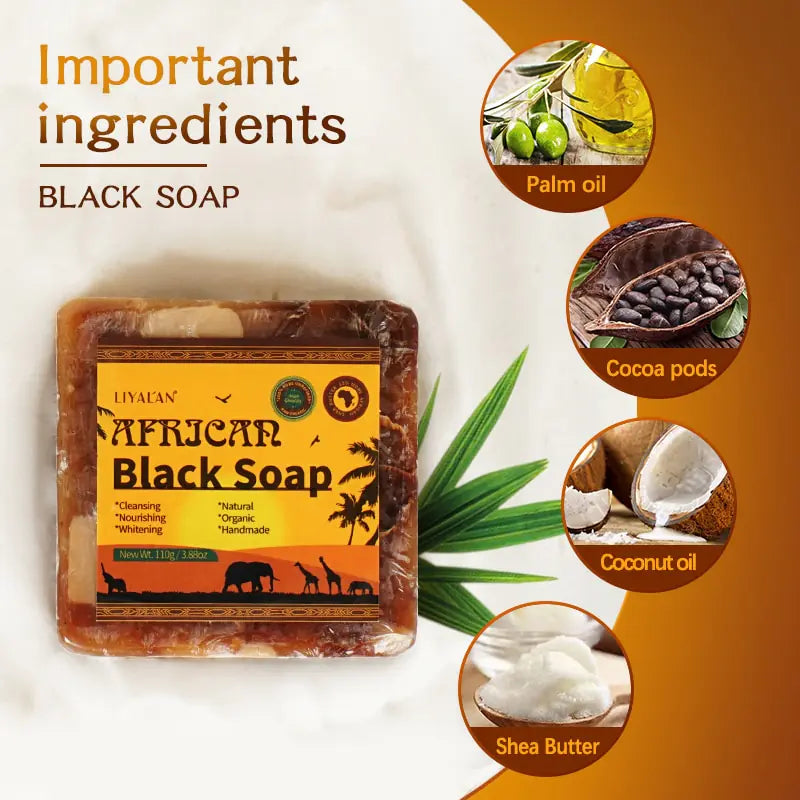 Black Soap ingredients listed are palm oil, cocoa pods, coconut oil and shea butter.