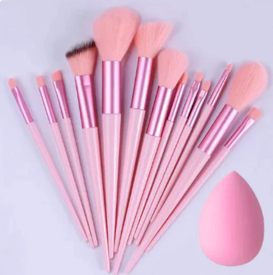 pink set of thirteen makeup brushes and egg sponge