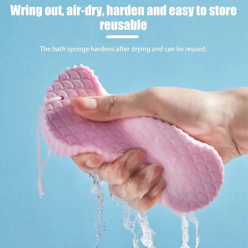 Exfoliating Bath Sponge wringing out water to air-dry and re-use