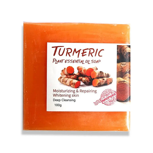 A 100g bar of Turmeric Soap featuring natural ingredients like turmeric, ginger, and essential oils, designed to cleanse, brighten, and rejuvenate the skin.