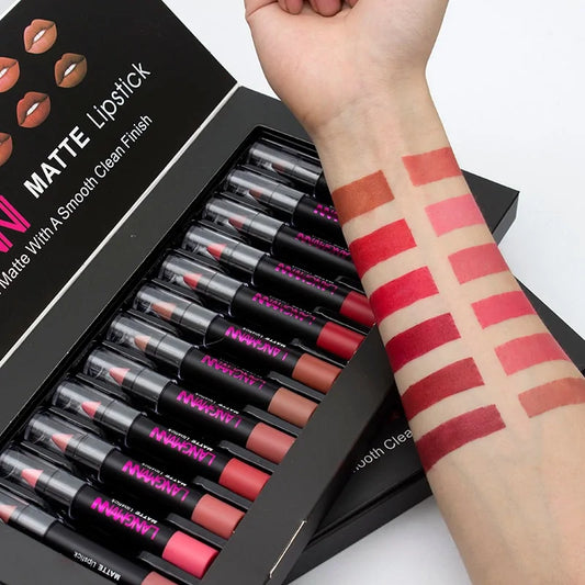 twelve-piece long-lasting lipstick set with moisturizing formula, vibrant colors, bold shades, and a smooth, flawless finish for hydrating, kissable lips.