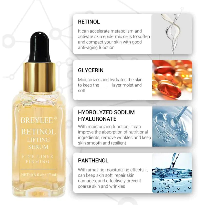 BREYLEE Retinol Firming Face Serum for anti-aging and skin repair, featuring retinol for increased elasticity, collagen stimulation, and radiant skin.