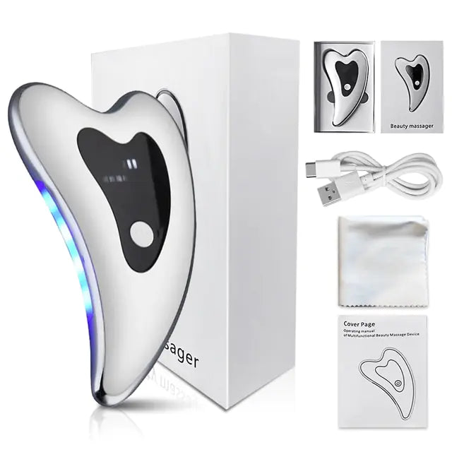 Facial Massage Skin Scraping LED Radio Frequency Device with 4-in-1 functionality, featuring blue and red-light modes, high-frequency vibration, and ergonomic design for face lifting, body slimming, and firming.