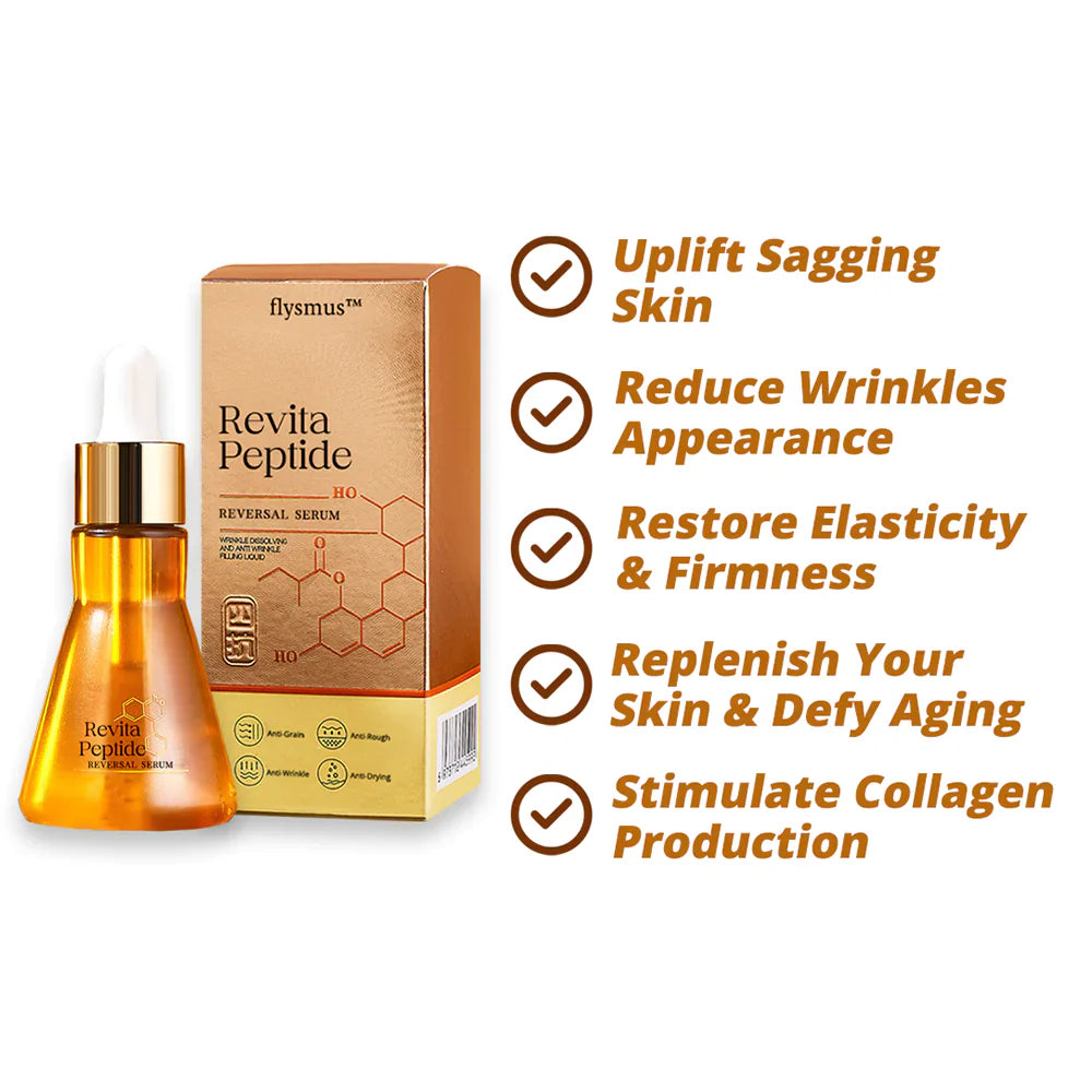 Flysmus™ Revita Peptide Reversal Serum™ bottle with benefits listed