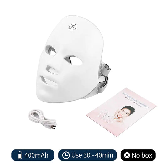 LED beauty mask with 7 colors for skin tightening, anti-acne treatment, rejuvenation, blemish removal, collagen regeneration, wrinkle reduction, and USB charging.