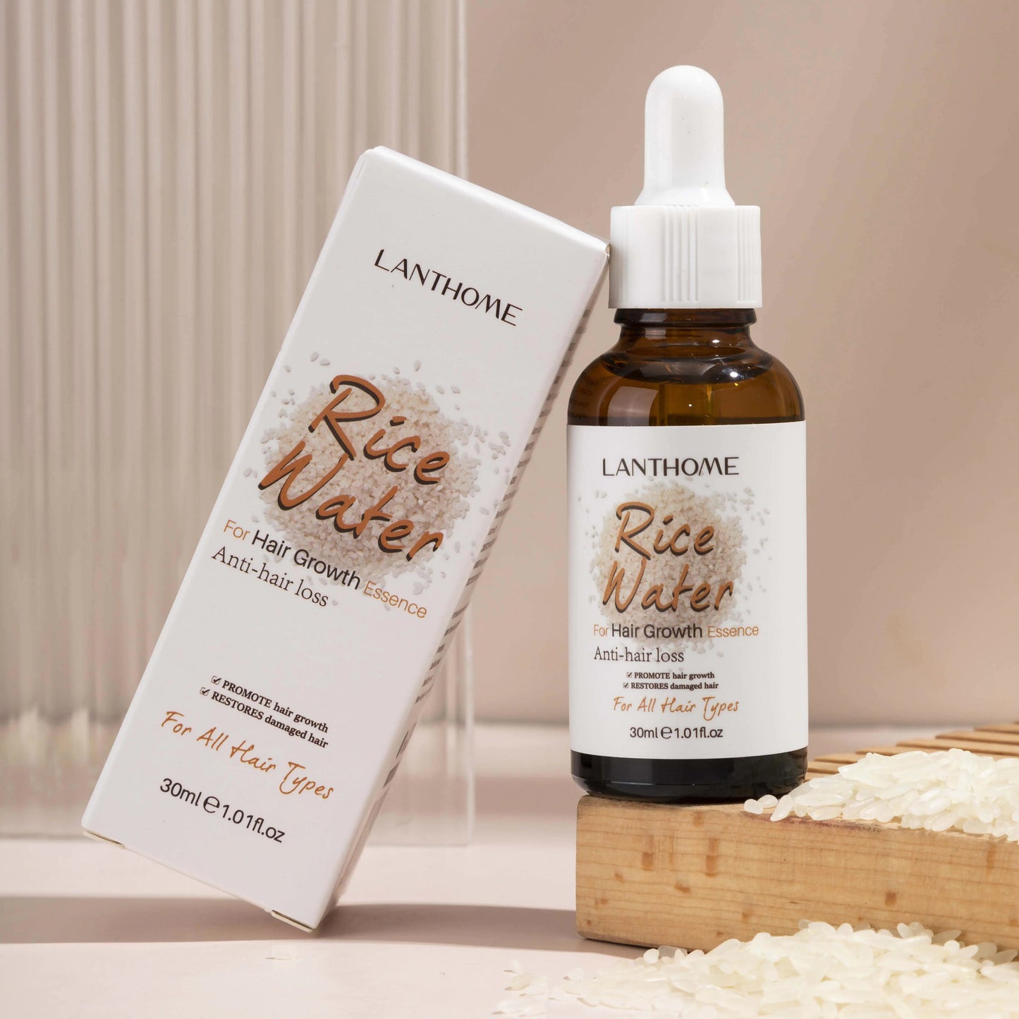 Moisturizing Serum with rice water and hyaluronic acid for youthful skin and shiny hair.