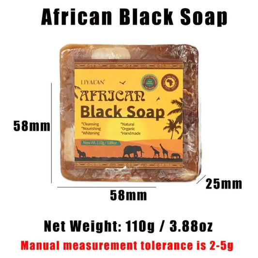 Natural black soap for facial lightening and deep cleansing. Reduces dark spots, treats acne, and nourishes for a clear complexion and radiant glow with an anti-taches formula.