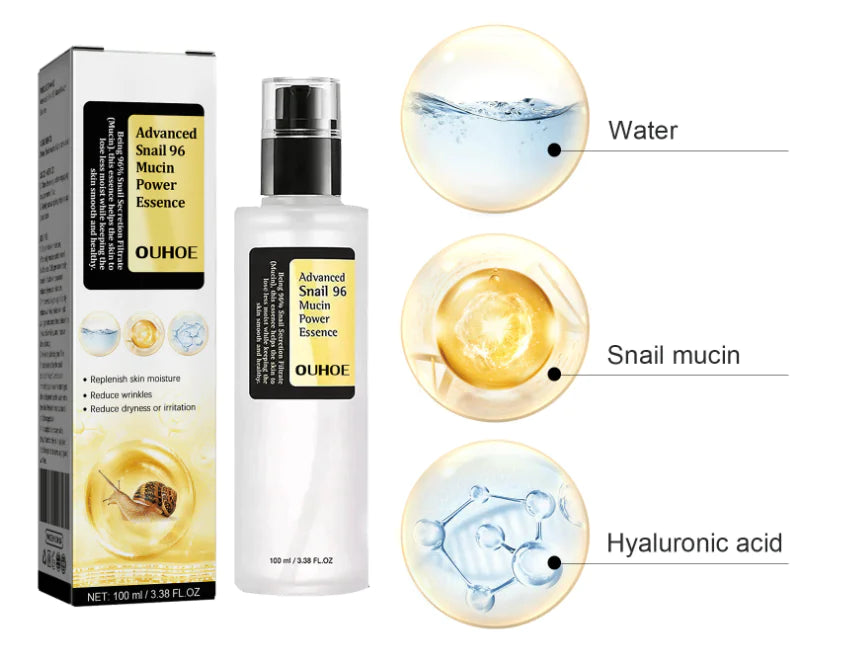 This serum consists of water, snail mucin and hyaluronic acid.