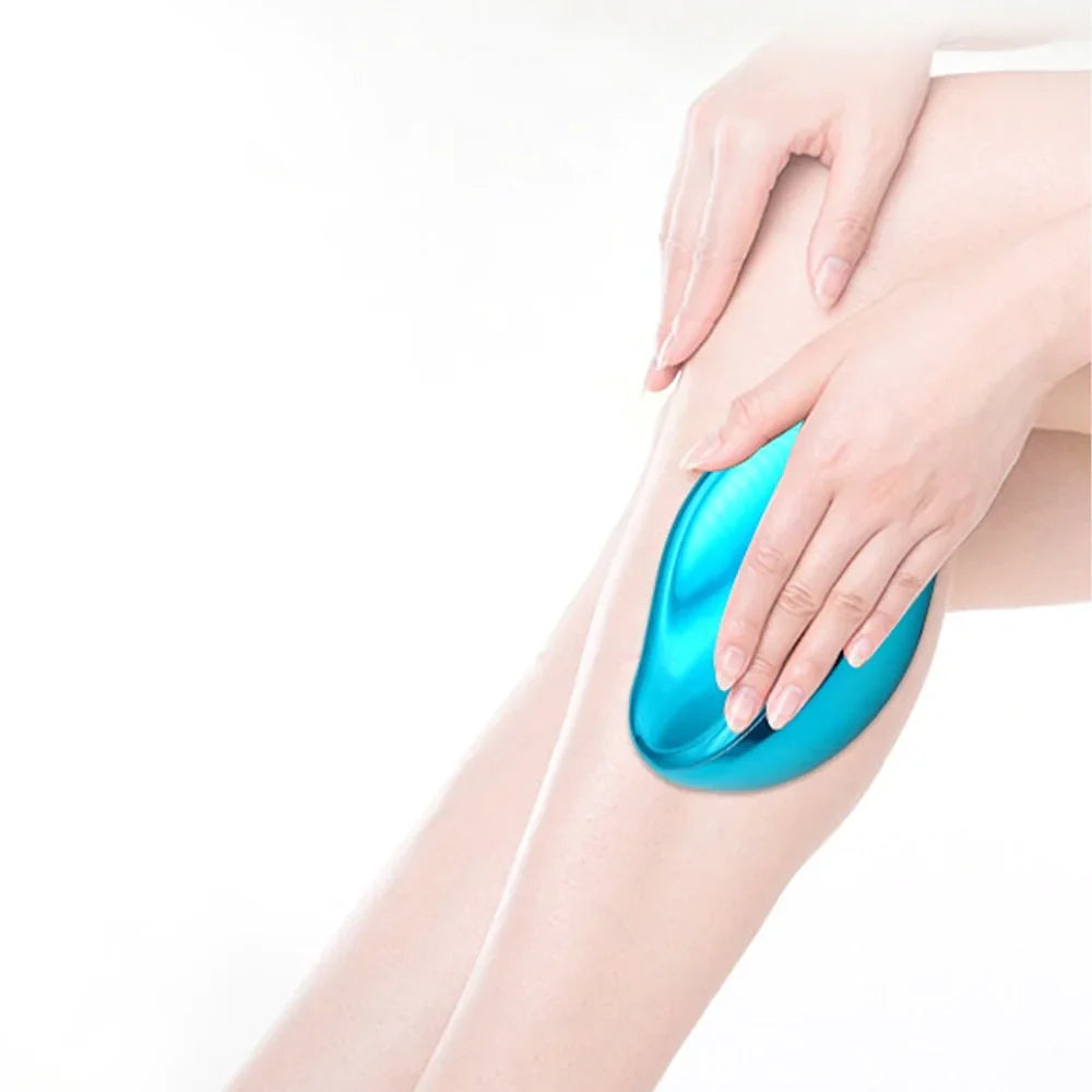 A blue Smooth Skin-hair-remover-exfoliator being used on a woman's leg