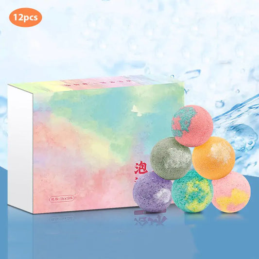 Organic Bath Bomb Set with twelve handmade bath bombs in various colors and scents for a relaxing and rejuvenating bath experience