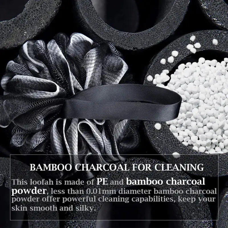 bamboo charcoal bath loofa poof and a bowl of bamboo charcoal powder