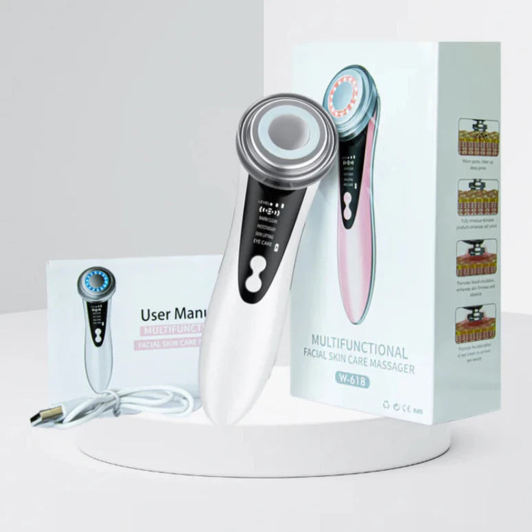 facial skincare massager with charger cord and packaging