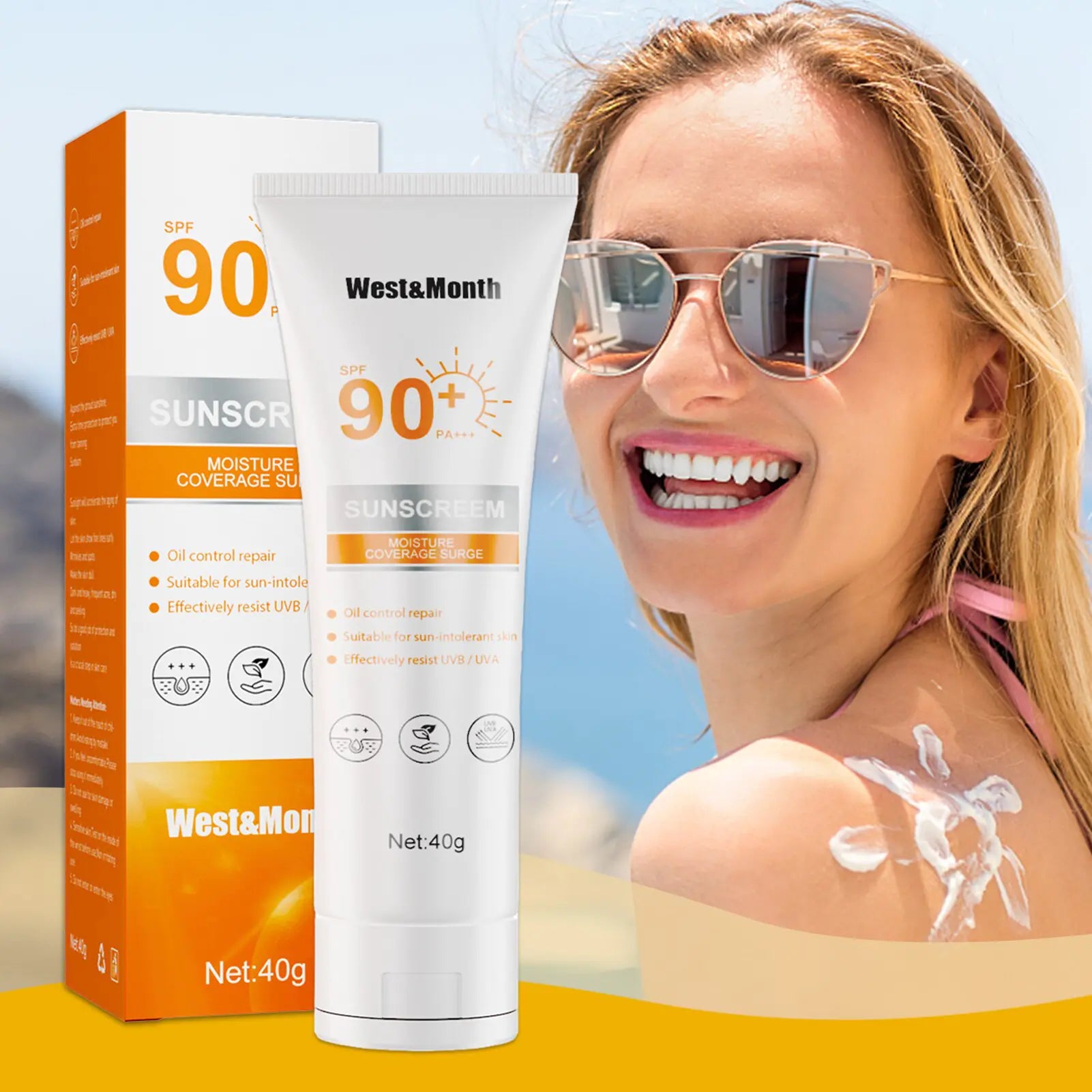 A woman wearing SPF90, sunscreen lotion.