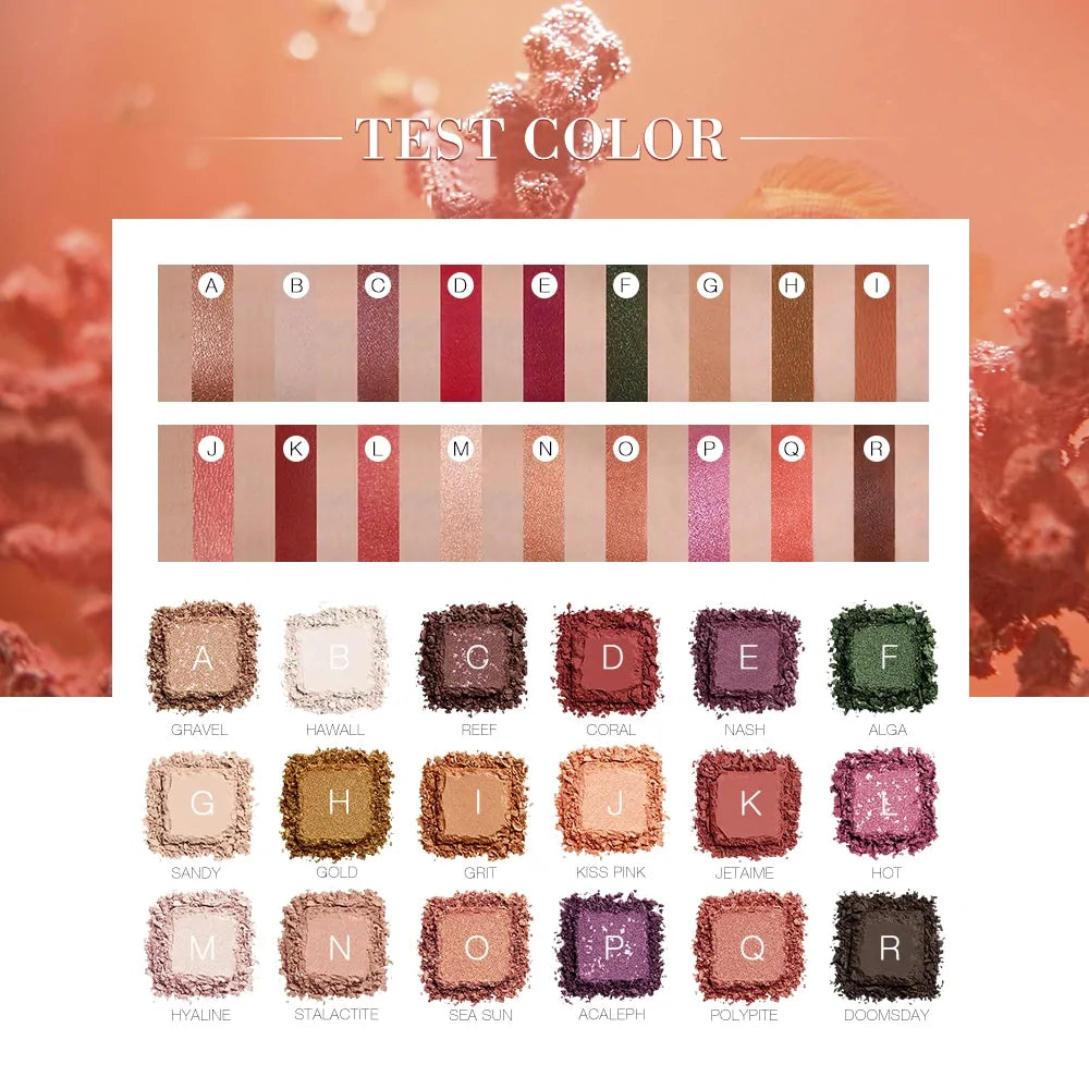 Colors Makeup Eyeshadow Palette Cosmetic Kit color chart with corresponding test color