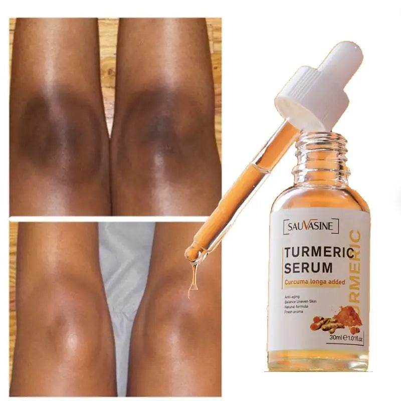 darker knees before use and lighter knees after use of serum