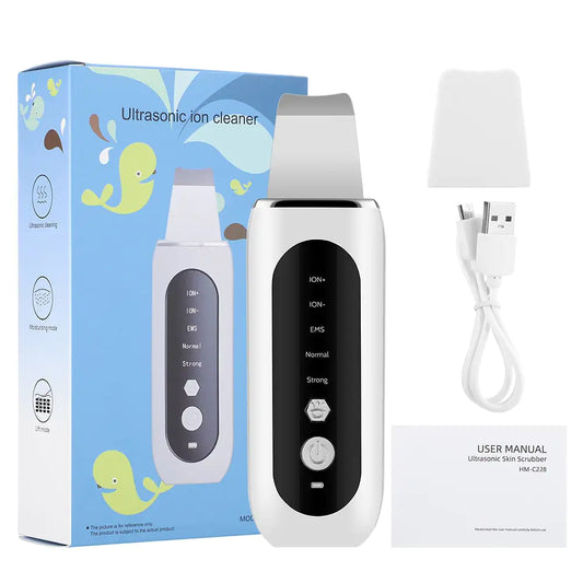 Ultrasonic Face Skin Scrubber in packaging with charger and manual