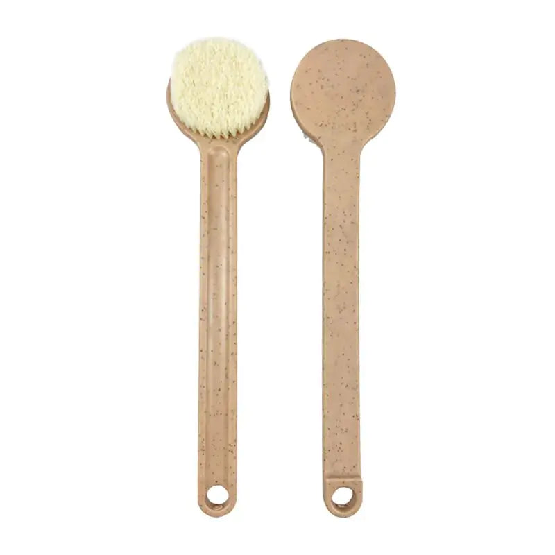 Front and back of long- handled brown bath brush