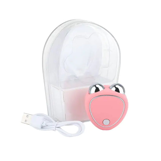 Micro Current Beauty Instrument for facial contouring with EMS micro-current and sound wave vibration, Featuring dual rollers for skin firming, facial rejuvenation, and lymphatic drainage in a portable, rechargeable beauty device.