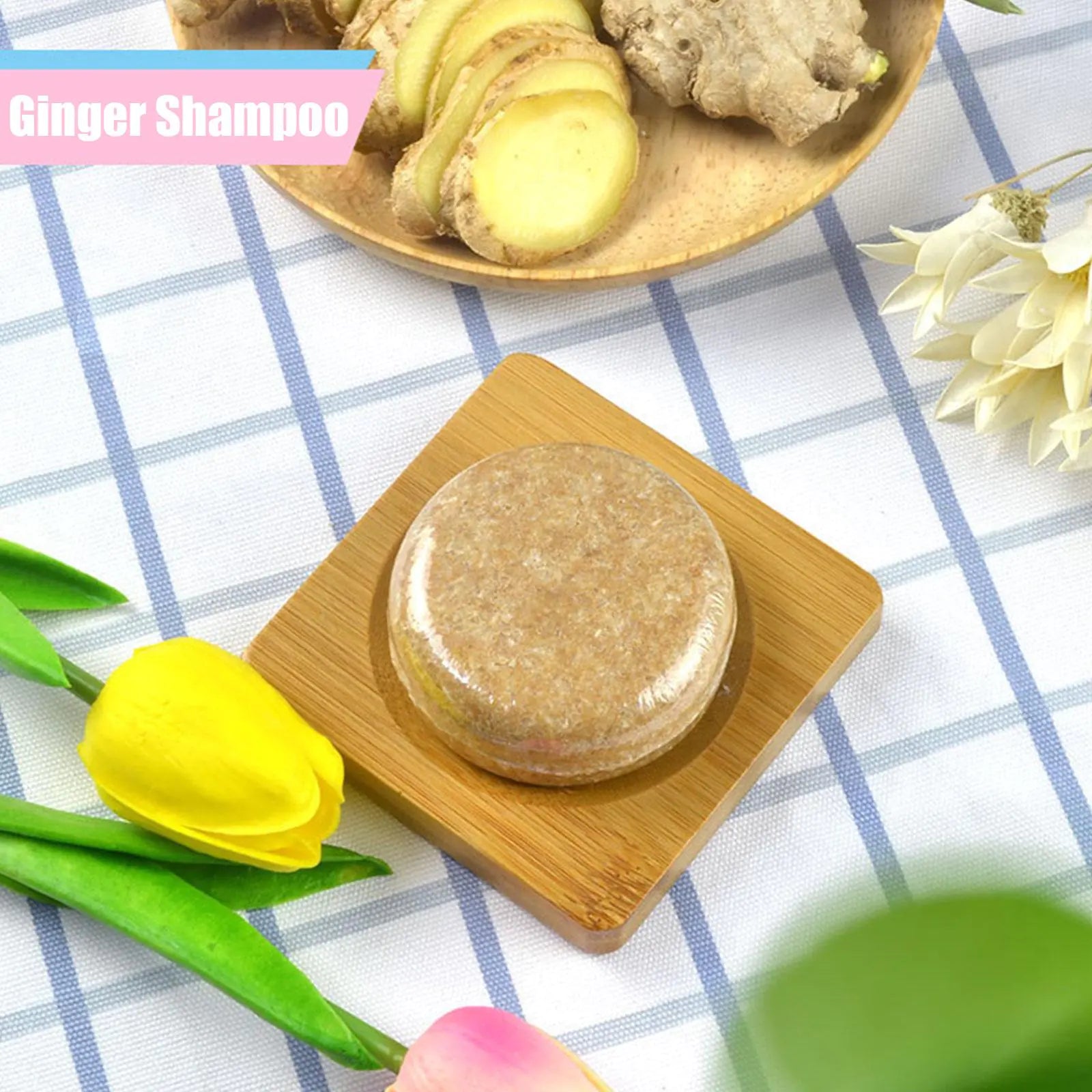 Ginger Soap Hair Growth Shampoo Bar with fresh ginger and yellow tulips