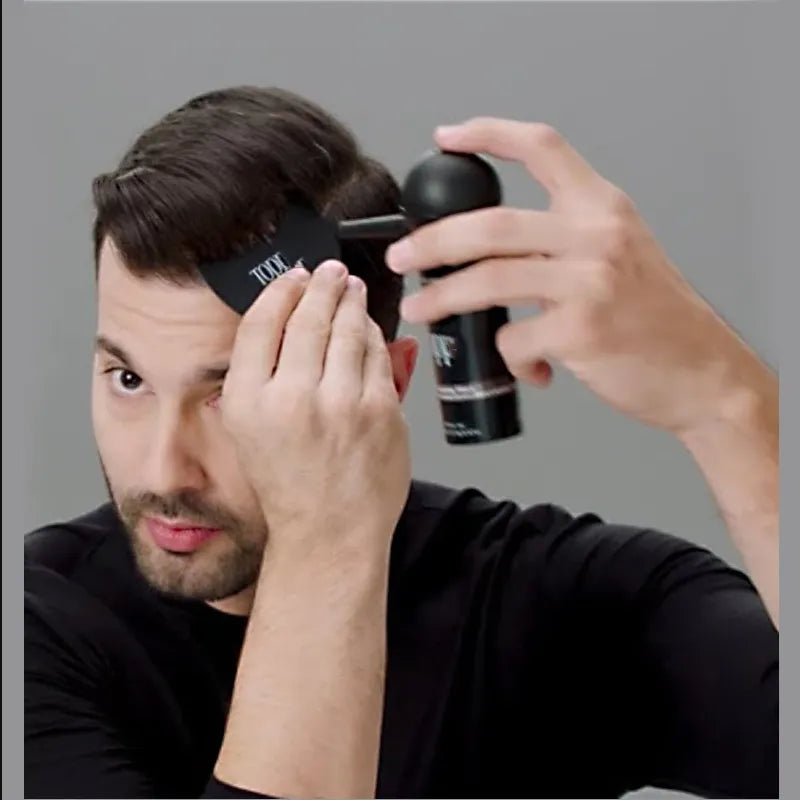 man demonstrating how to  use Natural Hair Building Fiber Keratin Powder