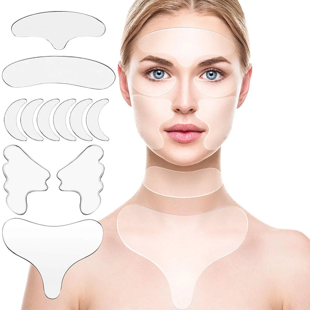 A woman wearing the silicone patches on her face, her neck, and her chest