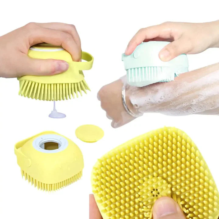 A person demonstrating the yellow sponge filled with soap creating foam on their arm